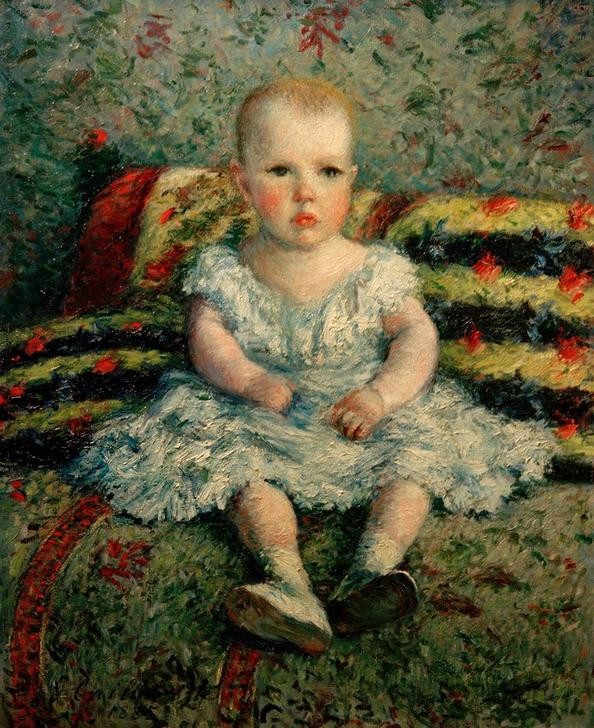 Gustave Caillebotte, L’enfant au canape (Baby,Kind,Kunst,Mensch,Impressionismus,Portrait,Sofa,Französische Kunst,Kleid,Knabe,Knabe In Mädchenkleid,Sitzen,Canape)