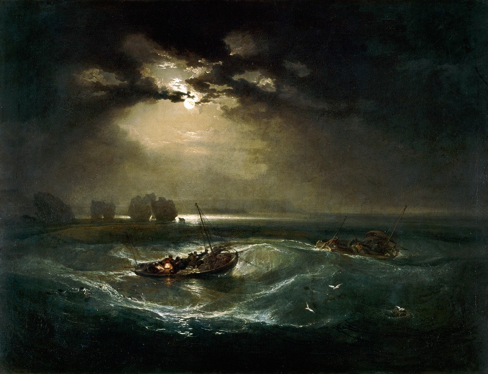 JOSEPH MALLORD WILLIAM TURNER, Fishermen at Sea / The Cholmeley Sea Piece (Boot,Fischer,Himmel (Natur),Küste,Kunst,Landschaft,Mond,Schiff,Wolke,Fischerboot,Tageszeiten,Nacht,Meer,Segelboot,Brandung,Seenot,Englische Kunst,Mondschein,Sturm,Schifffahrt)