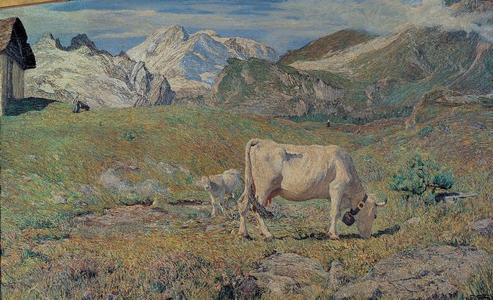 Giovanni Segantini, Pascoli di primavera (Gebirge,Kunst,Landschaft,Milchwirtschaft,Rind,Wetter,Schnee,Symbolismus,Frühling,Italienische Kunst,Alm,Schweizerische Kunst,Tier,Herde,Kalb,Berg,Landwirtschaft,Weide (Wiese))