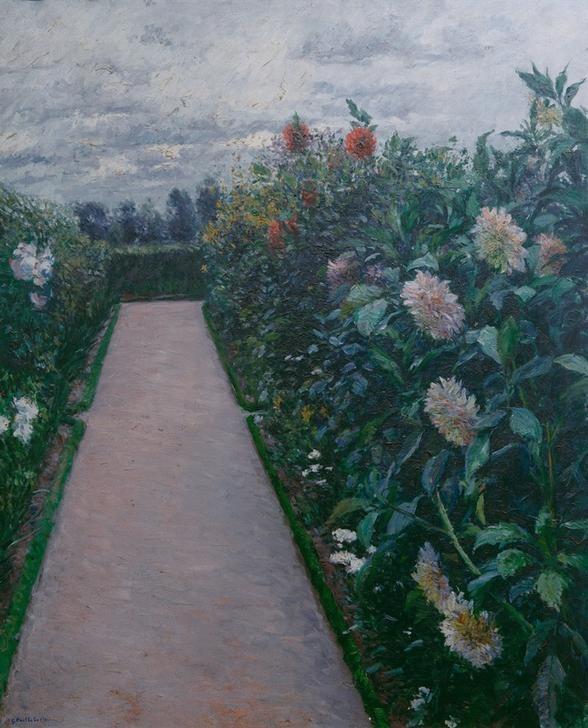 Gustave Caillebotte, Allée de jardin et massifs de dahlias, Petit Gennevilliers (Botanik,Garten Und Park,Kunst,Wohnhaus Von Berühmten,Impressionismus,Hausgarten,Weg,Französische Kunst,Dahlie,Blume,Blumenbeet,Staude,Beet,Garten)