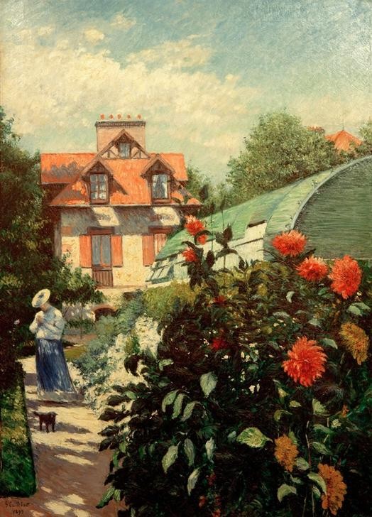 Gustave Caillebotte, Le jardin, Petit Gennevilliers (Les dahlias, jardin du Peti (Frau,Garten Und Park,Haus,Kunst,Menschen Im Park,Freizeit,Sommer,Spaziergang,Wohnhaus (Allgemein),Gewächshaus,Impressionismus,Hund,Hausgarten,Künstlerhaus (Wohnhaus),Französische Kunst,Dahlie,Menschen Im Garten,Frau Und Tier,Sonnenlicht,Frauenleben,Blume,)