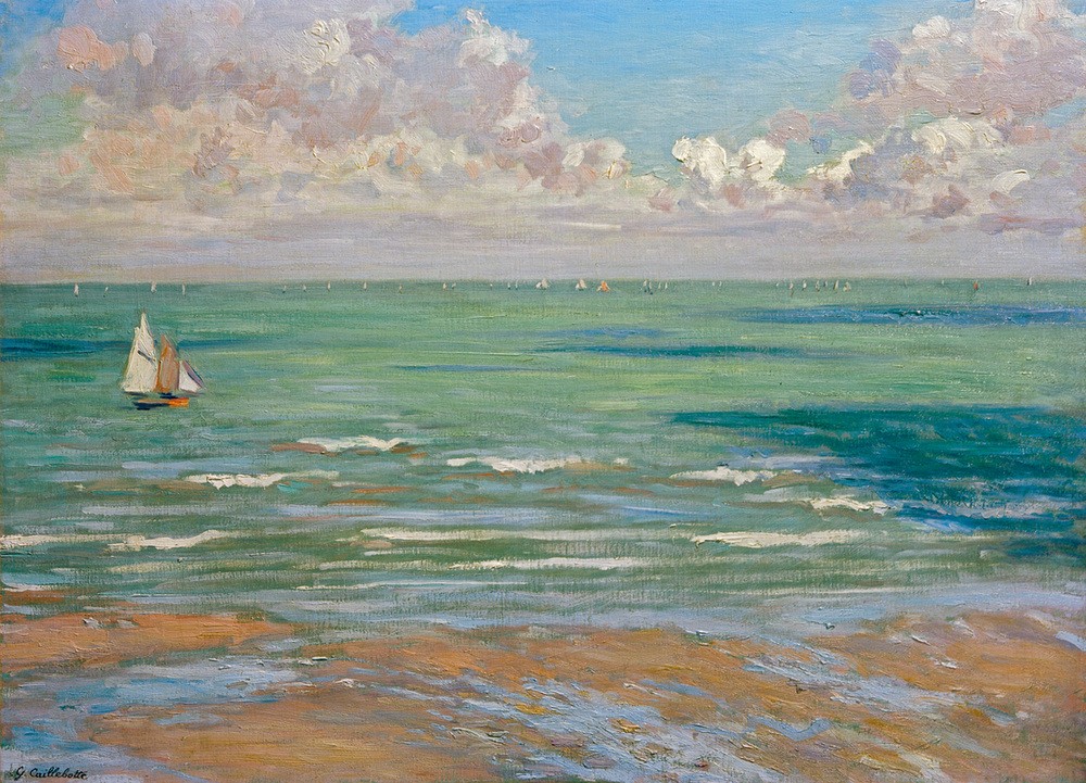 Gustave Caillebotte, Marine (od. Marine, régates à Villers) (Himmel (Natur),Kunst,Landschaft,Meteorologie,Schiff,Segeln,Sport,Wolke,Meer,Impressionismus,Segelboot,Regatta,Französische Kunst,Schifffahrt)