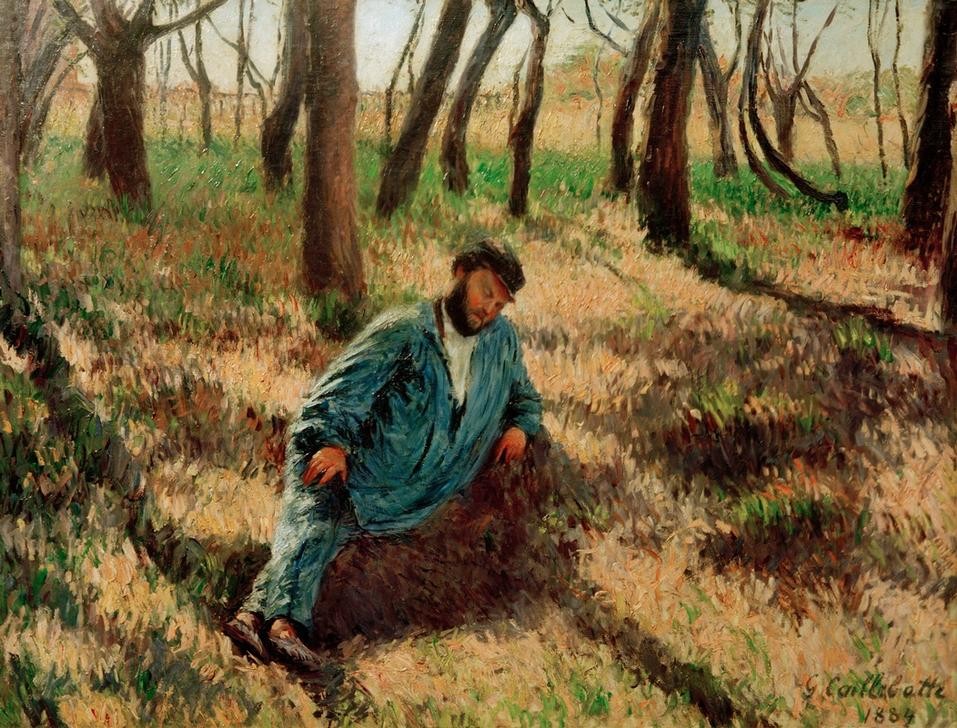 Gustave Caillebotte, Le père Magloire allongé dans un bois (Kunst,Mann,Rast,Freizeit,Wald,Impressionismus,Portrait,Reise,Französische Kunst,Sonnenlicht,Liegen)