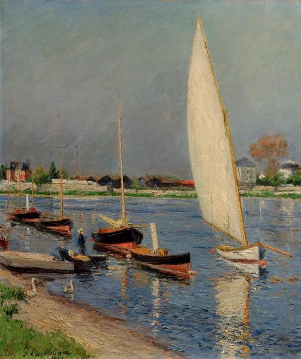 Gustave Caillebotte, Voiliers sur la Seine à Argenteuil (Boot,Kunst,Landschaft,Segeln,Sport,Impressionismus,Segelboot,Fluss,Französische Kunst,Binnenschiffahrt,Schifffahrt)