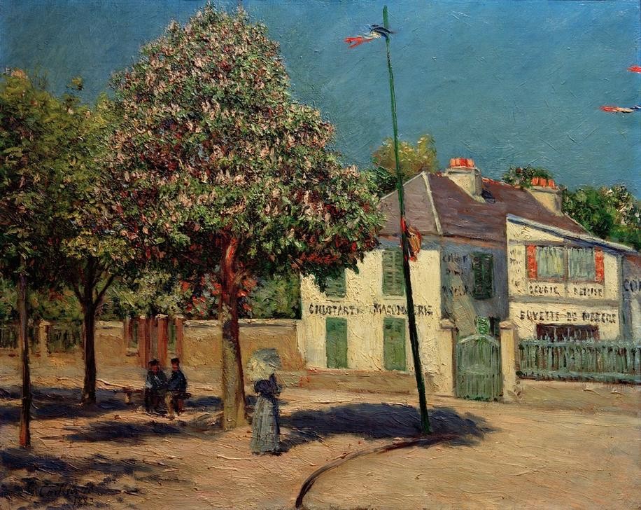 Gustave Caillebotte, La promenade à Argenteuil (Kunst,Spaziergang,Strassenszene,Impressionismus,Sonnenschirm,Architekturdarstellung,Französische Kunst,Fussgänger,Sonnenlicht,Fahnenmast,Promenade)