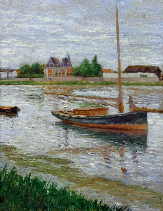 Gustave Caillebotte, Bateau à l’ancre sur la Seine à Argenteuil (Boot,Kunst,Landschaft,Schiff,Impressionismus,Segelboot,Fluss,Anker,Französische Kunst,Binnenschiffahrt,Flusschiffahrt,Vor Anker,Schifffahrt)