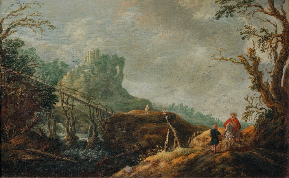 Pieter Jansz van Asch, Flusslandschaft mit Holzbrücke und Ruine (Brücke,Kunst,Landschaft,Mensch,Pferd (Tier),Ruine,Reiter,Barock,Fluss,Reise,Holzbrücke,Fussreise,Niederländische Kunst,Holländische Kunst,Natur,Begegnung,Reiten,Westeuropäische Kunst,Unterhaltung (Gespräch))