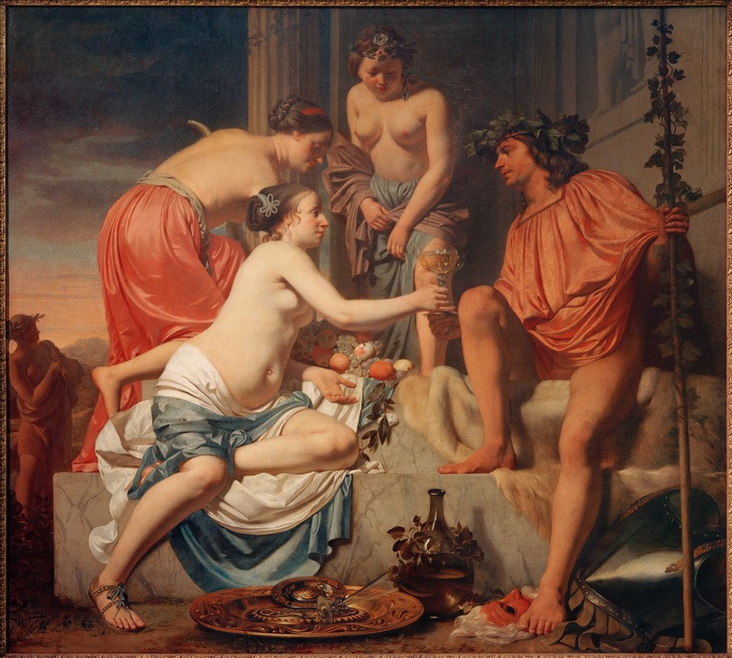 Caesar Boetius van Everdingen, Der thronende Bacchus – Nymphen reichen Bacchus Wein und Fr (Alkohol,Frau,Bedienung,Mythologie,Wein,Nymphe,Barock,Akt,Sandale,Schale (Gefäss),Niederländische Kunst,Weinglas,Halbakt,Brustpanzer,Stab,Faltenwurf,Weinflasche,Griechisch-Römische Mythologie,Maske (Gegenstand),Umhang)