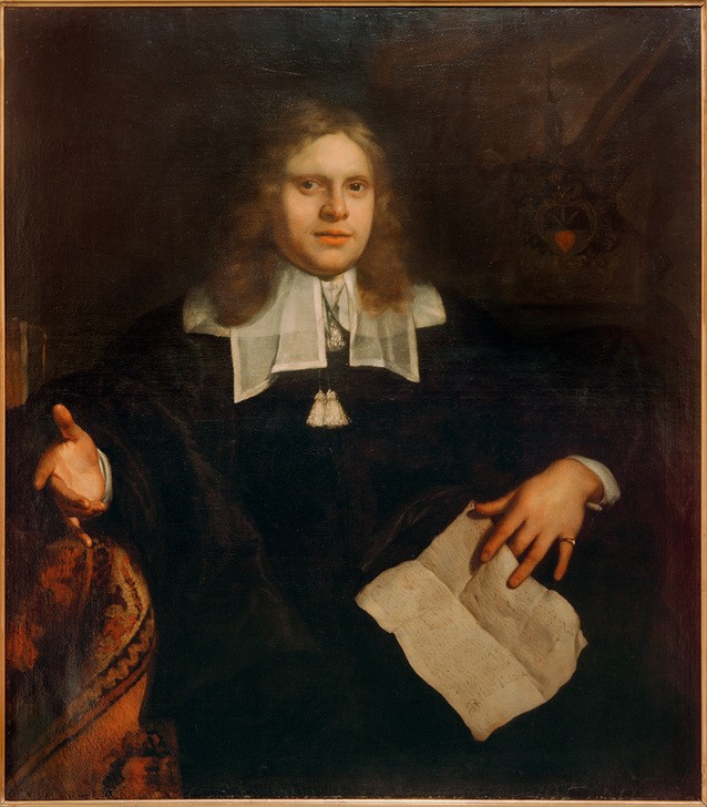 Bartholomeus van der Helst, Bildnis des Notars Bartholomeus Coornhert (Beruf,Kunst,Mann,Mensch,Barock,Portrait,Gestik,Talar,Niederländische Kunst,Notar,Holländische Kunst,Berufskleidung,Dokument,Kragen,Halbfigur,Troddel,Amtstracht,Westeuropäische Kunst)