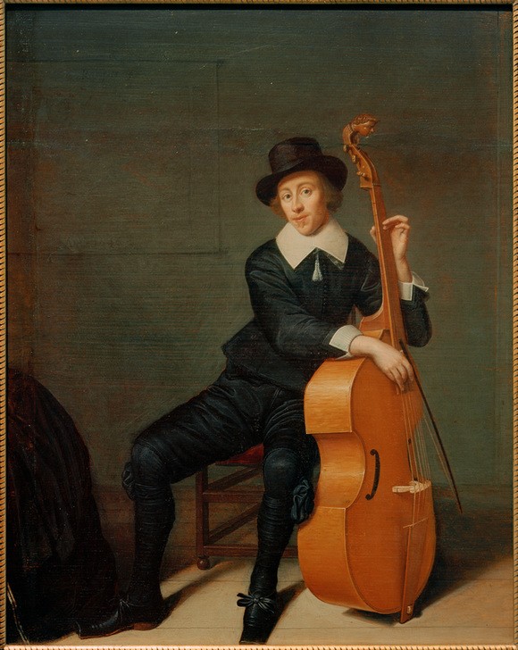 Godaert Kamper, Bildnis eines sitzenden Musikers mit seiner Viola da Gamba (Herrenhut,Herrenmode,Mann,Mode,Musiker,Musik,Saiteninstrument,Viola Da Gamba,Violoncello,Hut,Barock,Instrument,Portrait,Niederländische Kunst,Violoncellist,Berufskleidung,Sitzen,Ganzfigurig)