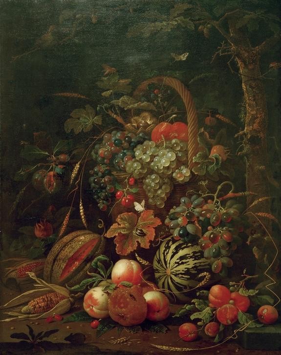 Jan Davidsz.de Heem, Stilleben mit Fruchtkorb, Kürbis, Melone und Pfirsiche an e (Deutsche Kunst,Eiche,Früchte,Gemüse,Kunst,Obst,Barock,Stillleben,Baum,Pfirsich,Mais,Weintraube,Obstkorb,Melone (Frucht))