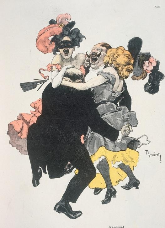 Ferdinand von Reznicek, Karneval / – – Wir halten fest und treu zusammen – hipp hipp hurra! – – (Ball (Gesellschaft),Deutsche Kunst,Feste,Gesellschaftliches Leben,Gesellschaftstanz,Jugendstil,Karikatur,Tanz,Bürgertum,Österreichische Kunst,Ausgelassenheit,Halbwelt,Jahrhundertwende,Karneval)