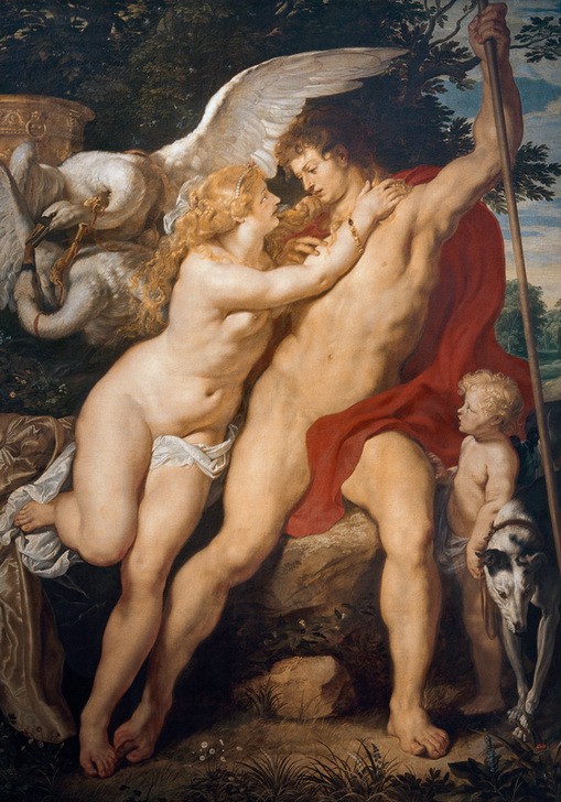 Peter Paul Rubens, Venus und Adonis (Frau,Mann,Mythologie,Vogel,Schwan (Tier),Barock,Akt,Vorahnung,Jagdhund,Götterliebschaften,Niederländische Kunst,Balz,Griechisch-Römische Mythologie,Symbolik)