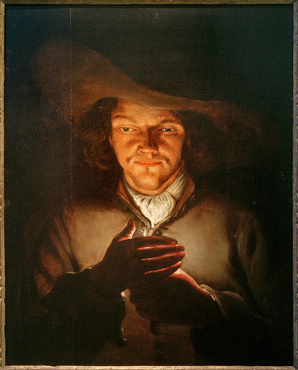 Godfried Schalcken, Ein Mann mit einer Kerze (Mann,Mensch,Hut,Barock,Portrait,Kerze (Licht),Niederländische Kunst,Licht Und Schatten)