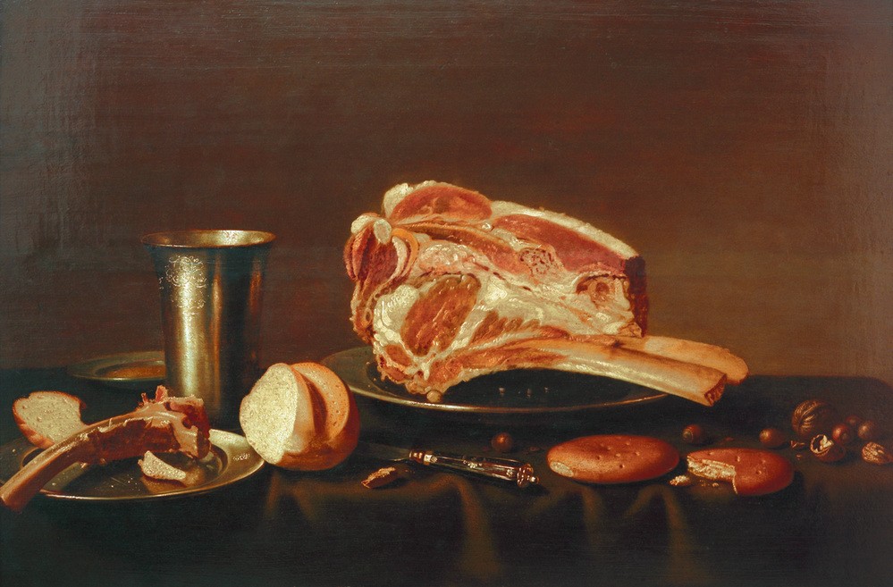 Floris Gerritsz. Schooten, Tischstück mit Kotelett (Essgeschirr,Essen Und Trinken,Kunst,Tafelsitten,Barock,Nahrungsmittel,Stillleben,Fleisch,Messer,Nuss,Teller,Niederländische Kunst,Keks,Holländische Kunst,Brötchen,Essensreste,Knochen,Backwaren,Gebäck,Walnuss,Haselnuss,Gedeckter Tisch,Zinnteller,Trinkgesch)