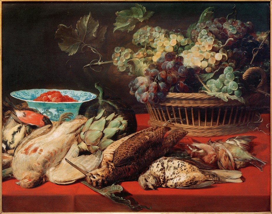 Frans Snyders, Stilleben – Korb mit Trauben, Vögel und Erdbeeren (Früchte,Gemüse,Kunst,Obst,Taube,Vogel,Barock,Stillleben,Niederländische Kunst,Korb,Dompfaff,Weintraube,Schüssel,Artischocke,Jagdstillleben,Schnepfe,Obstkorb,Vogeljagd,Singvogel,Kadaver,Geschirr (Haushalt))