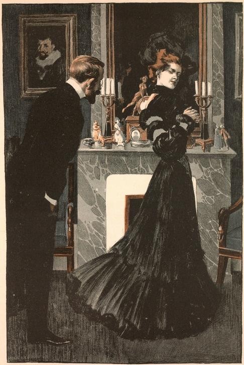 Ferdinand von Reznicek, Moderne Ehen  (Damenmode,Jugendstil,Mode,Ehebruch,Abendkleid,Bürgertum,Österreichische Kunst,Paar,Jahrhundertwende,Seitensprung,Gesellschaftskleidung)