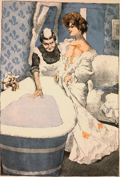 Ferdinand von Reznicek, Im Badezimmer (Körperpflege,Bad,Deutsche Kunst,Frau,Gesellschaft,Jugendstil,Österreichische Kunst,Badezimmer,Dienstmädchen,Angeberei,Badewanne)