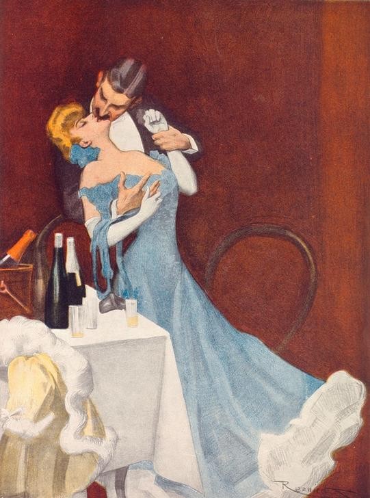 , … und gelt, mit meinem Männchen bist du recht lieb, er hä (Alkohol,Damenmode,Essen Und Trinken,Jugendstil,Mode,Sekt,Kuss,Moral,Unter Vier Augen (Redewendung),Ehebruch,Leidenschaft,Abendkleid,Umarmung,Bürgertum,Österreichische Kunst,Gesellschaftskritik,Laszivität,Belle Epoque,Seitensprung,Frivolität,Doppelmoral,Se)