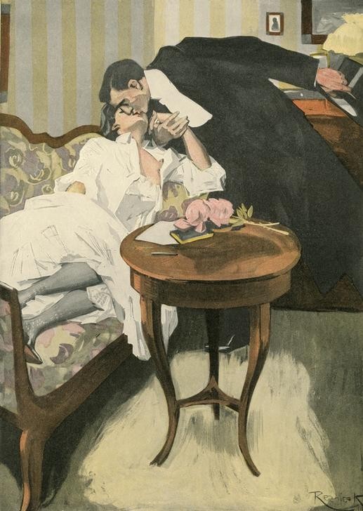 Ferdinand von Reznicek, Abschied von der Geliebten / Leb wohl, Schatz, auf Wiederse (Abschied (Verabschieden),Brautpaar,Jugendstil,Liebe Und Ehe,Möbel,Tisch,Kuss,Geliebte,Moral,Unter Vier Augen (Redewendung),Bürgertum,Österreichische Kunst,Gesellschaftskritik,Belle Epoque,Runder Tisch (Möbel),Doppelmoral,Rund)