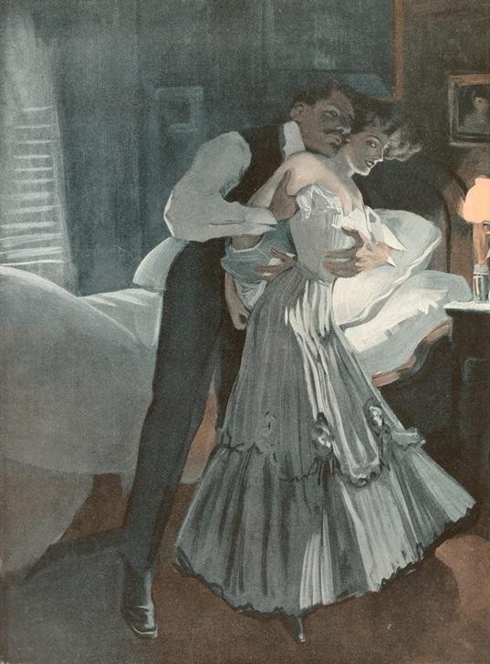 Ferdinand von Reznicek, Laß mich geschwind den Käfig verhängen, Hansi schaut zu. (Bett,Erotik,Jugendstil,Liebespaar,Schlafzimmer,Dekollete,Österreichische Kunst,Koketterie,Paar,Laszivität,Vorspiel,Verliebt,Frivolität)