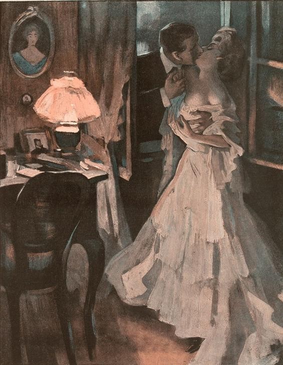 Ferdinand von Reznicek, Nur keine Angst, mein Mann spaziert auf dem Dach. Er ist mondsüchtig. (Arbeitszimmer,Erotik,Jugendstil,Liebespaar,Kuss,Moral,Ehebruch,Bürgertum,Fensterln,Österreichische Kunst,Heimliche Liebe,Paar,Gesellschaftskritik,Liebhaber,Heimlichkeit,Verliebt,Seitensprung,Frivolität,Doppelmoral)