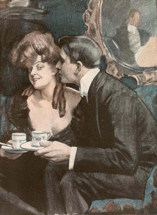 Ferdinand von Reznicek, Ein Schiller-Interpret (Flirt,Jugendstil,Liebespaar,Dekollete,Flüstern,Österreichische Kunst,Kaffeeklatsch,Paar,Charmeur,Verliebt,Zitat,Frivolität,Tasse)