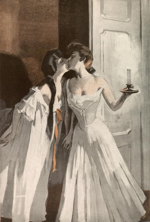 Ferdinand von Reznicek, Ich bin neugierig, was du mir schreiben wirst! Brockhaus ist doch zu lückenhaft! (Abschied (Verabschieden),Damenmode,Frau,Freundschaft (Allgemein),Jugendstil,Licht Und Beleuchtung,Mode,Tageszeiten,Abend,Nacht,Lesbische Liebe,Kuss,Kerze (Licht),Nachthemd,Österreichische Kunst,Heimlichkeit,Neglige,Frauenleben,Intimsphäre)