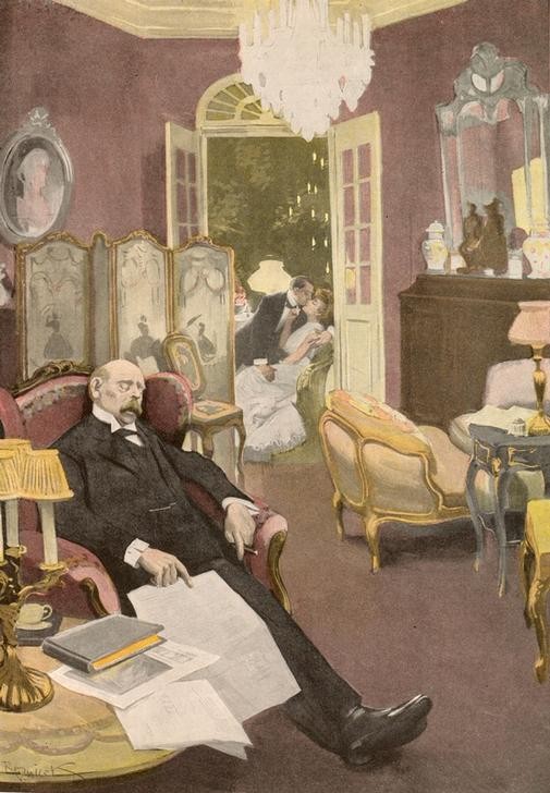 Ferdinand von Reznicek, Ah, war das ein schöner Traum: ein Christbaum, und dran hingen alle Liebhaber meiner Frau! (Ehefrau,Jugendstil,Möbel,Weihnachten (Kalenderfeste),Wohnzimmer,Moral,Ehebruch,Interieur,Bürgertum,Paravent,Österreichische Kunst,Gesellschaftskritik,Liebhaber,Heimlichkeit,Ehemann,Flügeltür,Doppelmoral,Schlafen (Schlaf))