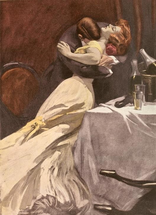 Ferdinand von Reznicek, Nicht zu stürmisch! Ihre Leidenschaft kann meinetwegen alles ruinieren, bloß nicht meine Robe. (Alkohol,Damenmode,Essen Und Trinken,Jugendstil,Mode,Sekt,Kuss,Verführung,Leidenschaft,Abendkleid,Umarmung,Bürgertum,Österreichische Kunst,Wohlstand,Gesellschaftskritik,Verliebt,Doppelmoral,Sektkühler,Gesellschaftskleidung)