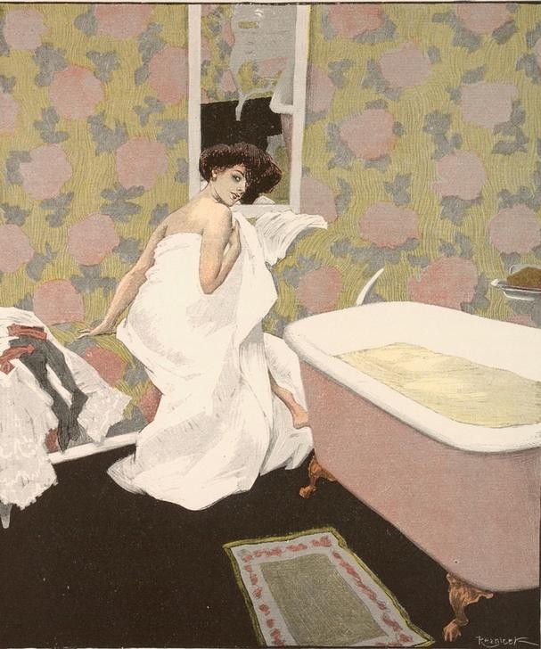 Ferdinand von Reznicek, Wenn er mich jetzt nicht bald überrascht, kriege ich den Schnupfen. (Körperpflege,Bad,Deutsche Kunst,Frau,Jugendstil,Tapete,Österreichische Kunst,Koketterie,Erwartung,Badezimmer,Handtuch,Warten,Badetuch,Gemustert,Badewanne)