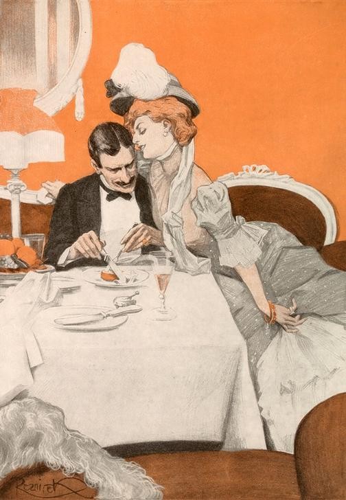 Ferdinand von Reznicek, Wirf das Silberpapier vom Käs nicht weg. Mein Mann sammelts. (Damenmode,Essen Und Trinken,Jugendstil,Mode,Tafelsitten,Hut,Moral,Ehebruch,Bürgertum,Österreichische Kunst,Zudringlichkeit,Gesellschaftskritik,Liebhaber,Tete-A-Tete,Verliebt,Doppelmoral)