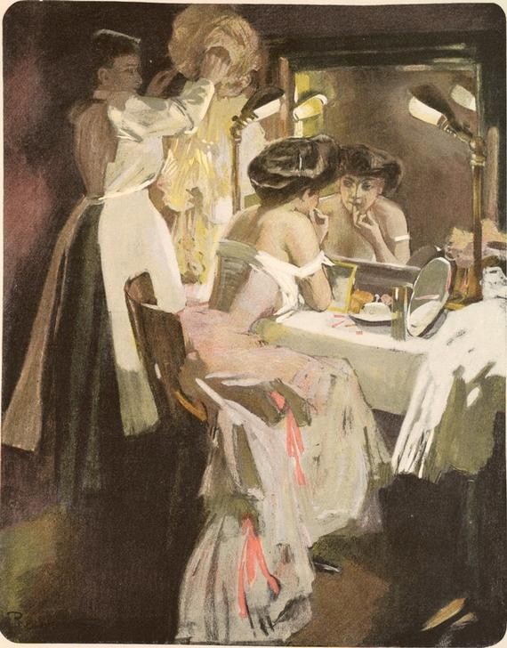 Ferdinand von Reznicek, Der feine Herr (Körperpflege,Frau,Jugendstil,Kosmetik,Mode,Spiegel,Verabredung,Bürgertum,Österreichische Kunst,Kleid,Dienstmädchen,Gesellschaftskritik,Toilettentisch,Junge Frau,Schulterfrei,Frivolität)