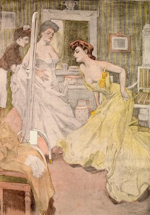 Ferdinand von Reznicek, Mama, die Toilette ist entzückend, man sieht einfach alles! (Jugendstil,Spiegel,Dekollete,Mutter Und Tochter,Bürgertum,Österreichische Kunst,Eitelkeit,Anprobe,Gesellschaftskritik,Laszivität,Frivolität)