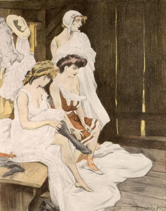Ferdinand von Reznicek, Hörst du, jetzt pfeift er >Rheingold<, da zieht er sicher die Schwimmhose an. (Erotik,Frau,Jugendstil,Seebad,Strumpf,Urlaub,Dekollete,Österreichische Kunst,Umkleidekabine,Junge Frau,Frivolität)