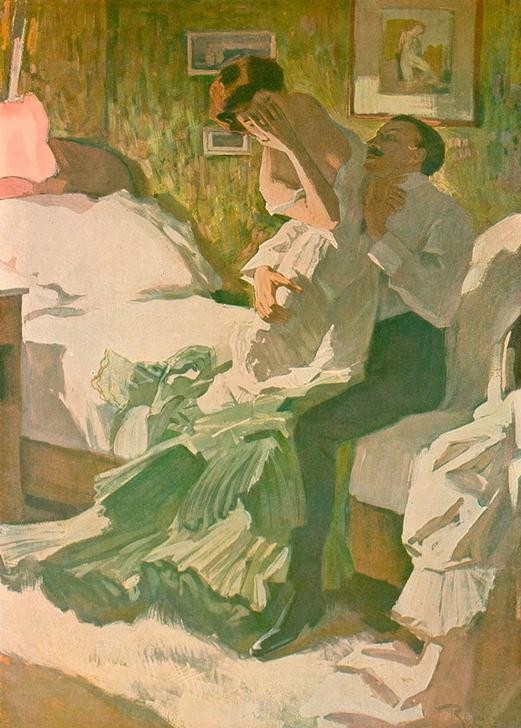 Ferdinand von Reznicek, Ach Gott, heut hab ich wieder meinen Charakter nicht bei mir! (Erotik,Jugendstil,Liebespaar,Schlafzimmer,Dekollete,Verführung,Österreichische Kunst,Koketterie,Paar,Laszivität,Leichtsinn,Vorspiel,Verliebt,Frivolität)