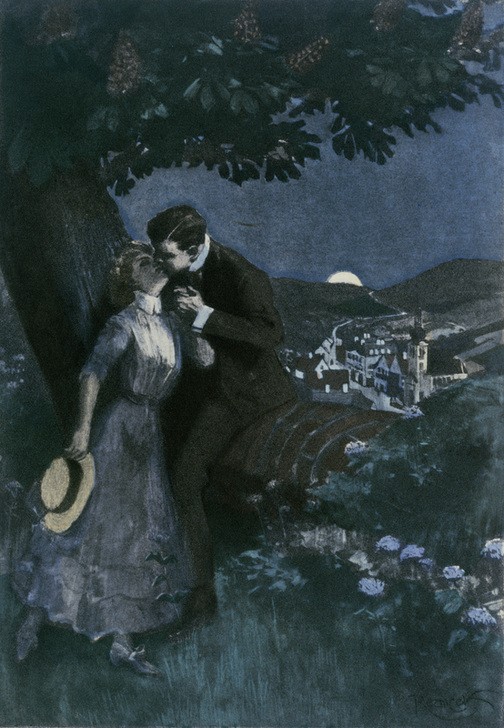 Ferdinand von Reznicek, Im Wonnemond (Jugendstil,Liebespaar,Mai,Monat,Kuss,Österreichische Kunst,Mondnacht,Im Freien (Allgemein),Humor (Witz),Verliebt)