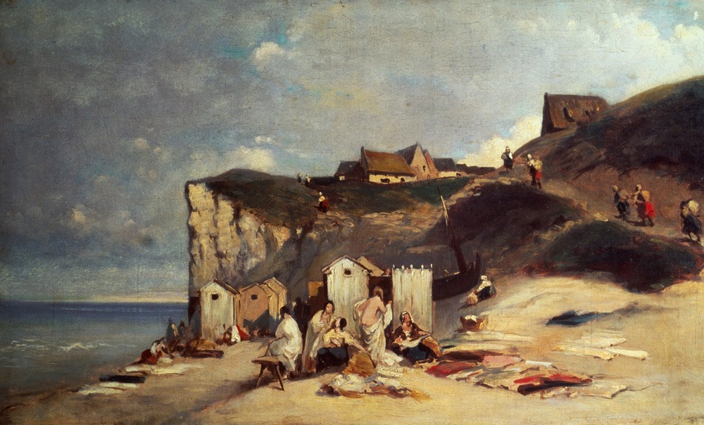 Carl Spitzweg, Badende Frauen am Meer bei Dieppe I (Deutsche Kunst,Seebad,Sommer,Strand,Frauenleben,Umkleidekabine)