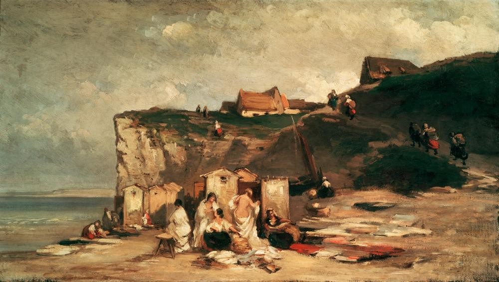 Carl Spitzweg, Badende Frauen am Meer bei Dieppe III (Deutsche Kunst,Seebad,Strand,Frauenleben,Umkleidekabine)