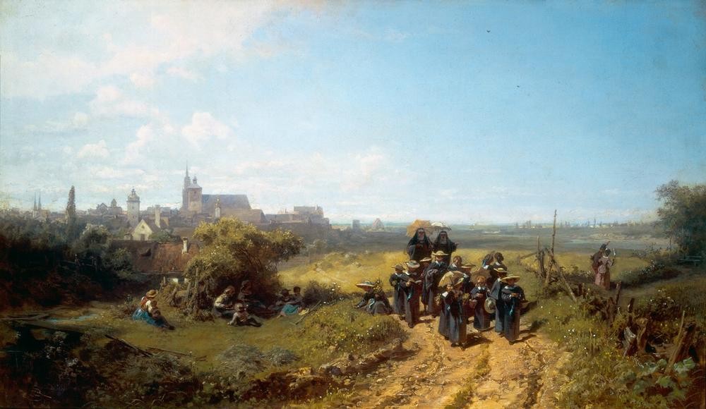 Carl Spitzweg, Institutsspaziergang (Deutsche Kunst,Jahreszeiten,Klosterschule,Landschaft,Pädagogik,Schulausflug,Sommer,Spaziergang,Biedermeier,Schuluniform,Mädchenschule,Mädchenpensionat,Mädchenklasse,Nonnenschule)