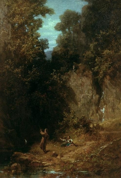 Carl Spitzweg, Der Angler (Angeln (Sport),Deutsche Kunst,Landschaft,Freizeit,Wald,Schlucht)