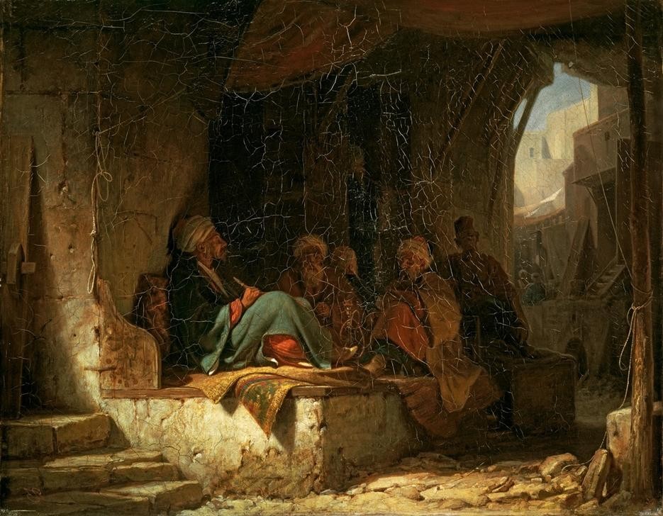 Carl Spitzweg, Türkisches Kaffeehaus (Deutsche Kunst,Kaffee,Völkerkunde,Turban,Orientalismus,Herrenrunde,Cafe,Müssiggang,Männerleben,Land Und Leute)