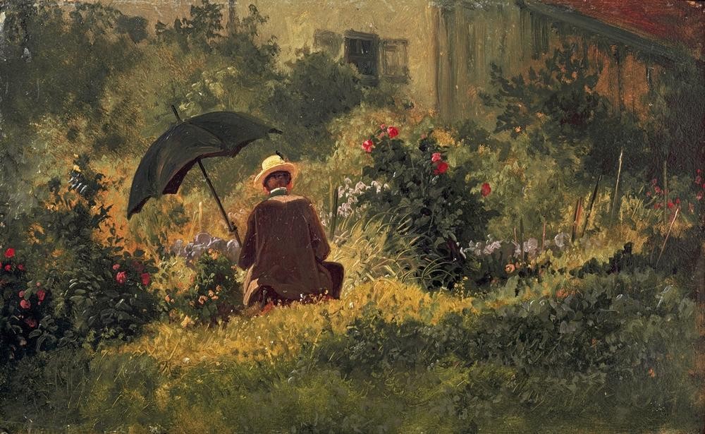 Carl Spitzweg, Der Maler im Garten (Deutsche Kunst,Freilichtmalerei,Künstlerleben,Künstler,Maler (Künstler),Mann,Selbstbildnis,Künstler Bei Der Arbeit,Hausgarten,Sonnenschirm,Rückenfigur,Menschen Im Garten,Nutzgarten,Garten)