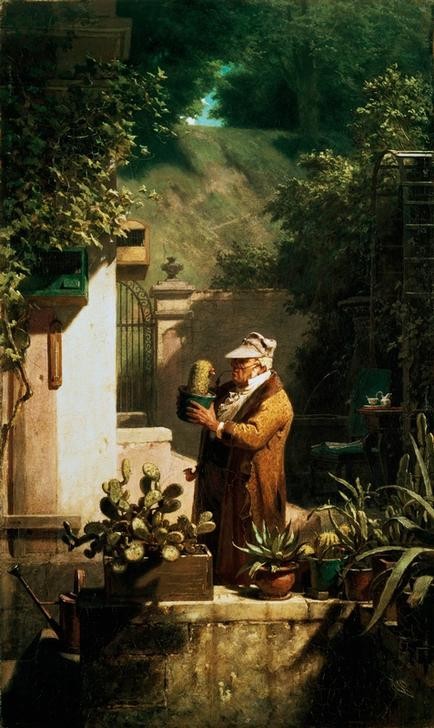 Carl Spitzweg, Der Kaktusfreund (Balkon,Botaniker,Deutsche Kunst,Junggeselle,Kaktus,Nachmittagskaffee,Privatleben,Freizeit,Feierabend,Laube,Pfeife (Tabak),Rauchen,Hausmantel,Weinranke,Hobby,Topfpflanze,Giesskanne,Heile Welt,Sonnenschutz,Schirmmütze,Alltagskultur,Spiessbürger,Zivilbekleid)