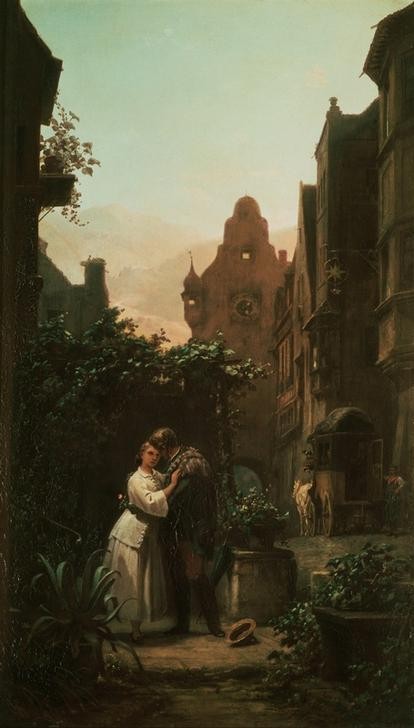 Carl Spitzweg, Der Abschied (Abschied (Verabschieden),Architektur,Botanik,Damenmode,Deutsche Kunst,Jugend (Lebensalter),Kaktus,Kutsche,Liebe,Liebespaar,Mode,Pferd (Tier),Post,Postamt,Postkutsche,Rose,Stadt,Stadttor,Strasse (Allgemein),Uhr,Biedermeier,Reise,Kutscher,Regenschirm,Umarmu)