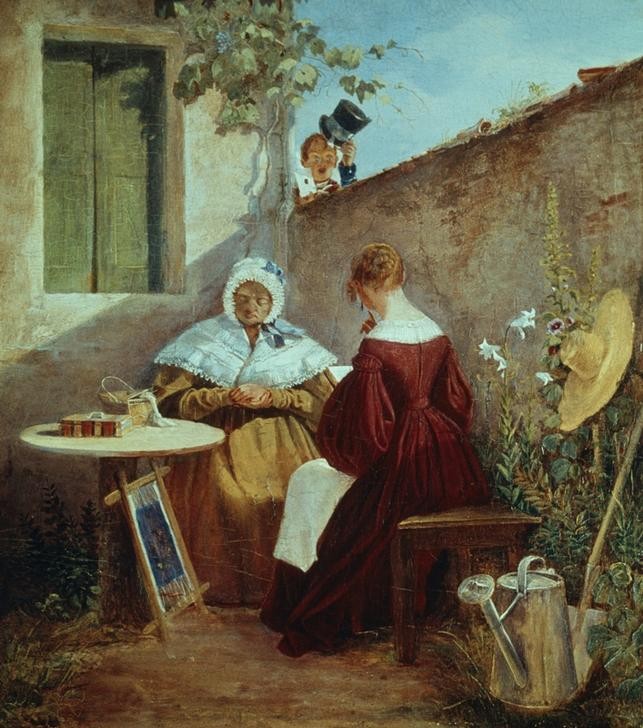 Carl Spitzweg, Der Liebesbrief (Brief,Damenmode,Deutsche Kunst,Handarbeit,Lilie,Mauer (Architektur),Mode,Sprichwort,Sticken,Hutlüften,Biedermeier,Begrüssung,Gartenmöbel,Nähkästchen,Hausgarten,Mittagsschlaf,Liebesbrief,Bilder Erzählen Eine Geschichte,Rückenfigur,Überraschung,Giesskanne,S)