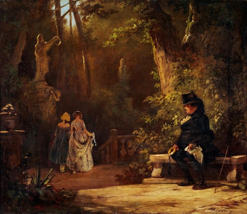 Carl Spitzweg, Der Witwer (Deutsche Kunst,Frau,Garten Und Park,Menschen Im Park,Mode,Park,Bank (Sitzgelegenheit),Spaziergang,Biedermeier,Gewissenskonflikt,Johannistrieb,Witwer,Junge Frau,Festkleidung,Blick (Allgemein))