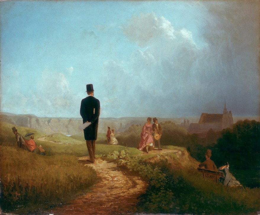 Carl Spitzweg, Der Hagestolz (Deutsche Kunst,Ehepaar,Herrenmode,Junggeselle,Landschaft,Mode,Spaziergang,Zylinder (Hut),Sonntag,Biedermeier,Einsamkeit,Beobachten,Rückenfigur,Weg,Hagestolz,Single (Mensch))