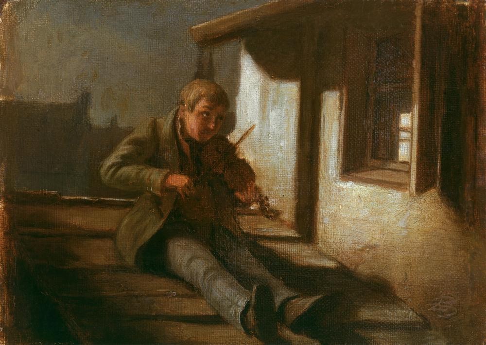 Carl Spitzweg, Geiger auf dem Dach (Dach,Deutsche Kunst,Jugend (Lebensalter),Ständchen,Geige,Instrument,Verliebt,Fenster (Geöffnet),Junger Mann)