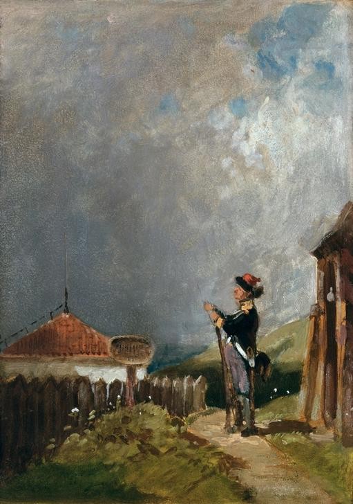 Carl Spitzweg, Die Schildwache (Deutsche Kunst,Landschaft,Militär,Wachtposten,Strassenschild,Schildwache,Schild (Information))